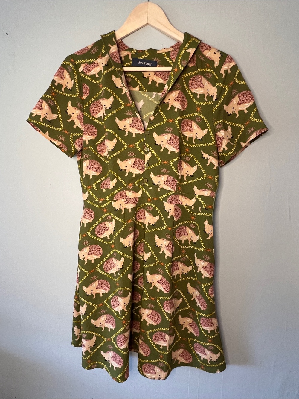 ModCloth Fit and Flare Olive Green Hedgehog Print Dress